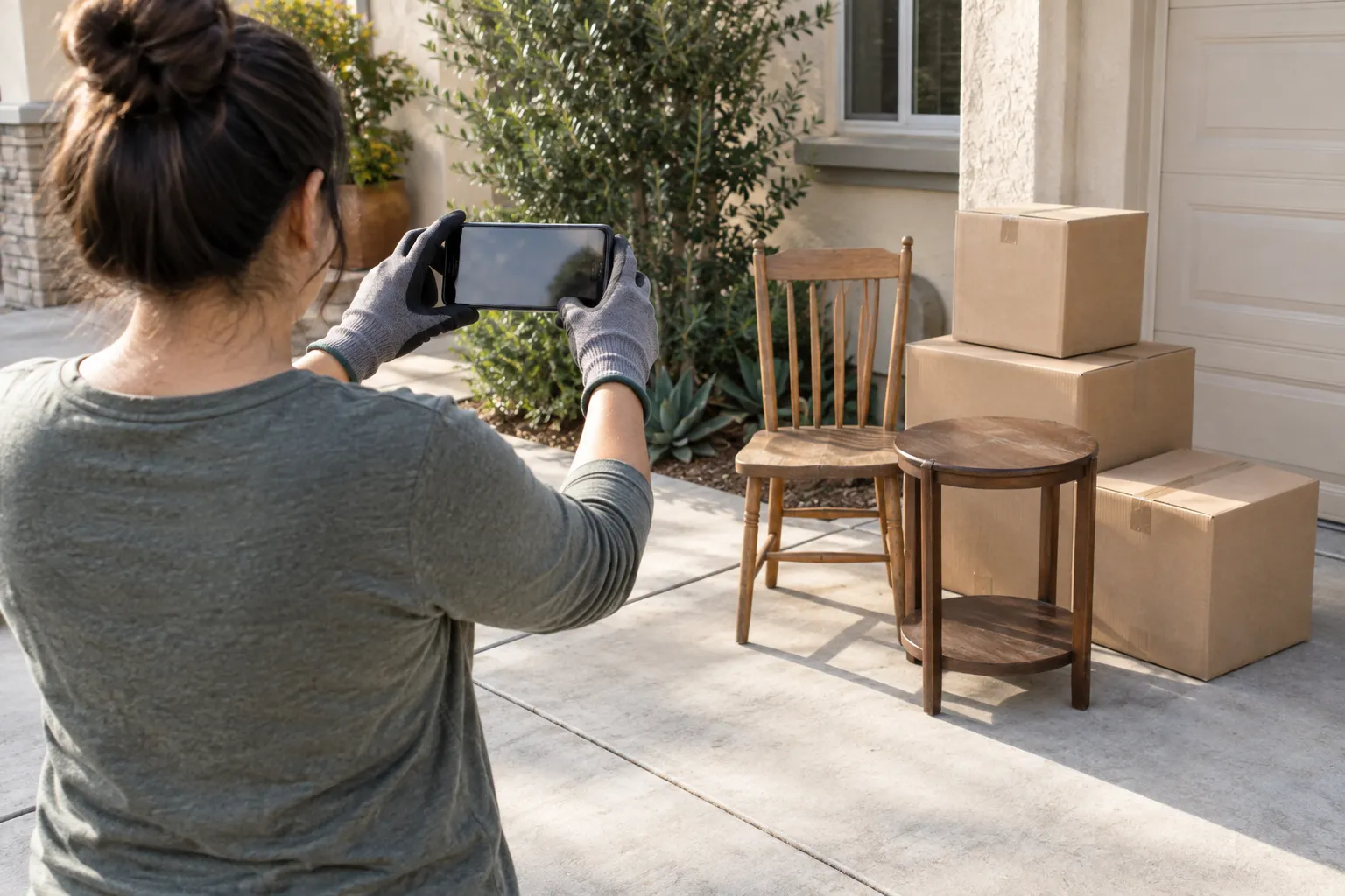 Homeowner photographing a staged household load for an estimate