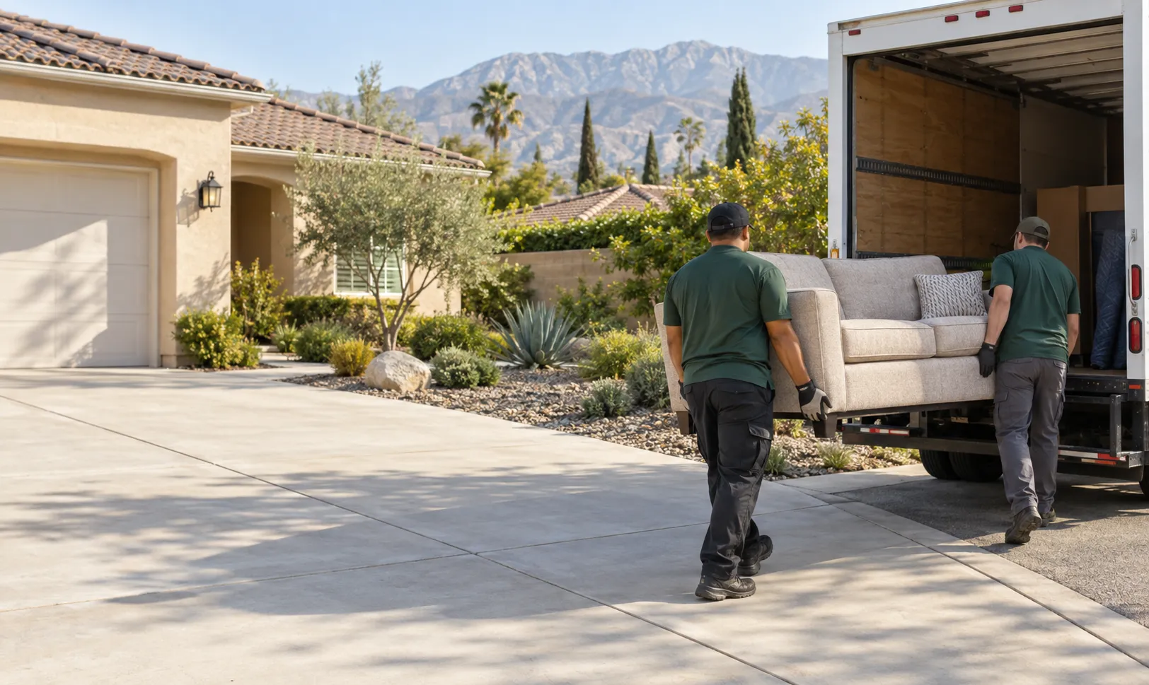 Workers carrying a sofa from a home toward a removal truck